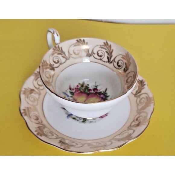 Foley Wide Mouth Teacup and Saucer, Fruit & Floral Bouquet, Gold Accents England - Picture 10 of 10